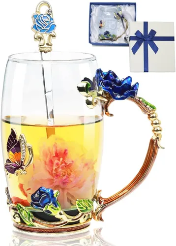 Miniatura 8 de Taza de té con flores, taza de café de vidrio transparente elegante con cuchara, caja de regalo para ella, mamá, esposa, abuela, niñas, amigas, idea