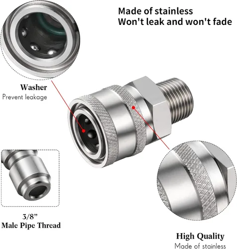 Miniatura 3 de Hotop NPT - Kit de conector rápido macho y hembra de acero inoxidable de 3/8 pulgadas (4 piezas)