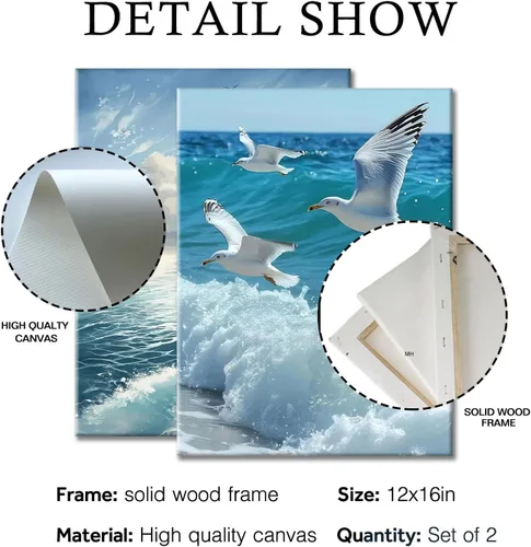 Miniatura 7 de 2 lienzos enmarcados para pared, impresiones artísticas de gaviotas volando sobre olas del océano, póster de pintura náutica costera, galería