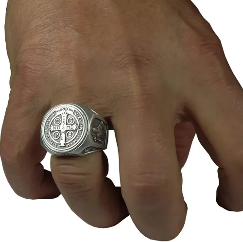 Miniatura 2 de Anillo de plata de ley 925 de San Benito para hombre, exorcismo católico cristiano, protección demoníaca