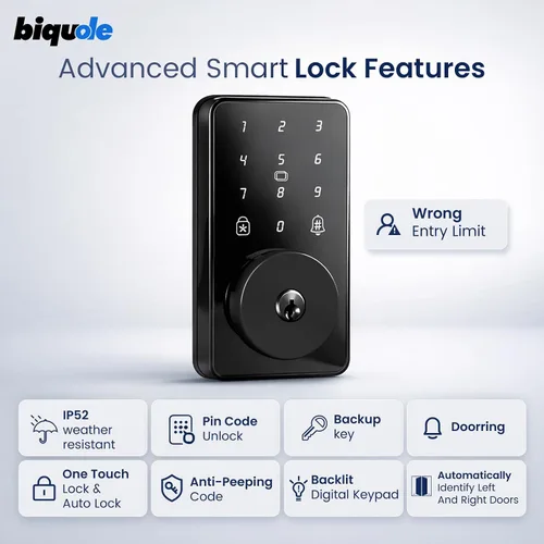 Miniatura 5 de Cerradura de puerta de entrada sin llave con teclado, cerradura inteligente biquole para puerta delantera con 2 llaves, cerrojo electrónico digital