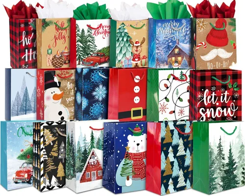 Miniatura 7 de Party Funny Juego de 24 bolsas pequeñas de regalo de Navidad a granel con asas, 26 papel de seda y 60 etiquetas de regalo de Navidad, 24 diseños