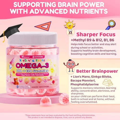 Miniatura 4 de Omega 3 para niños y adolescentes, vitaminas de enfoque para niños con melena de león, súper verdes, luteína, metil B12 B9, para enfoque cerebral