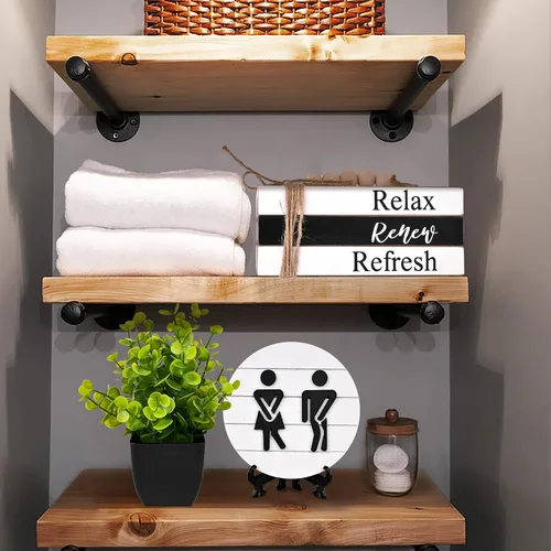 Miniatura 5 de Decoración de Estante de Baño Letreros Modernos y Divertidos para Decoración de Baño, Letreros Redondos 3D de Shiplap y Pila de Libros con 1 Planta