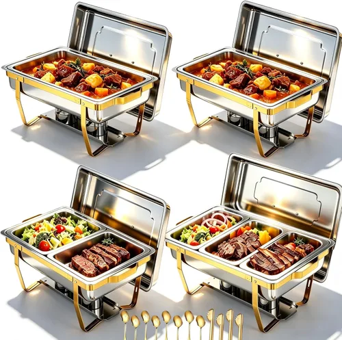 Miniatura 10 de Juego de 2 platos de 9 cuartos de galón para bufé, calentadores de alimentos de acero inoxidable dorado con utensilios de servir, soporte plegable