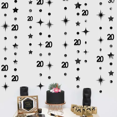 Miniatura 3 de Decoraciones negras de 20 cumpleaños número 20 círculo estrella metálica colgante serpentina telón de fondo para mujeres y hombres saludos a 20 años