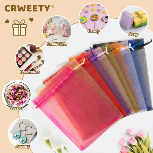 Miniatura 4 de Crweety 50 bolsas de organza negra de 3 x 4 pulgadas, pequeñas bolsas de regalo de malla con cordón para embalaje de pulseras de joyería, bolsa