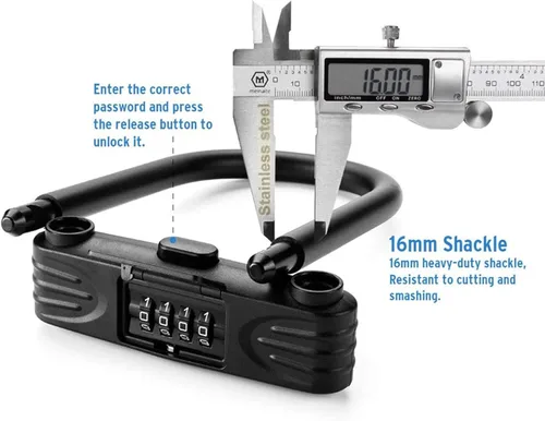 Miniatura 8 de Cerradura en U para bicicleta resistente, cerradura de bicicleta con contraseña de combinación de 4 dígitos con grillete de bloqueo en U