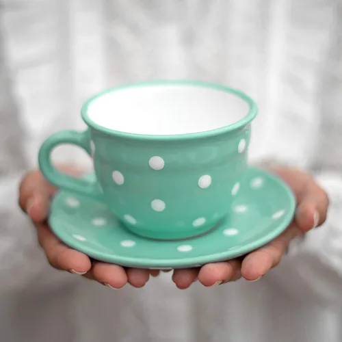 Miniatura 20 de City to Cottage Taza y platillo de café capuchino de cerámica grande de lunares blancos y negros hechos a mano de 12 oz/11.8 fl oz, cerámica