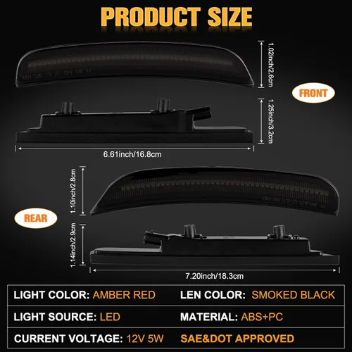 Miniatura 5 de Gempro - Luces LED de señalización lateral compatibles con Dodge Charger LD 2015-2023, lámparas de marcador de parachoques delantero y trasero