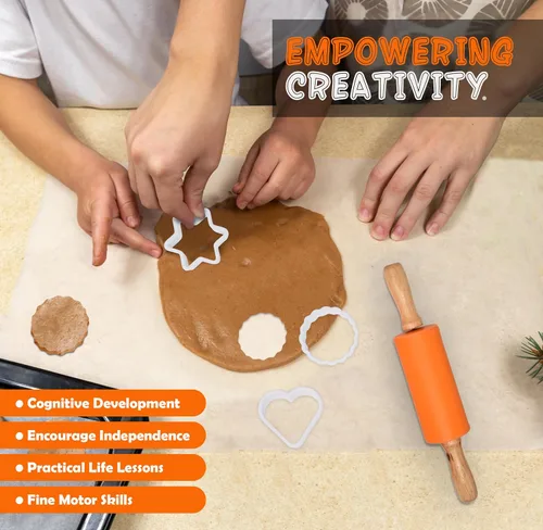 Miniatura 5 de PERLLI Juego de cocina real para niños para cocinar y hornear, 31 piezas. Regalo para chef junior con utensilios reales, estuche y juego de Naranja