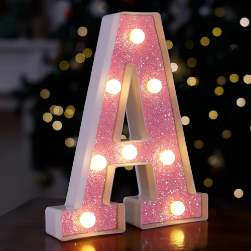 Miniatura 8 de Letras con luces LED, letras de marquesina con brillantina rosa, letras del alfabeto, letreros iluminados por pilas, para decoración de fiestas
