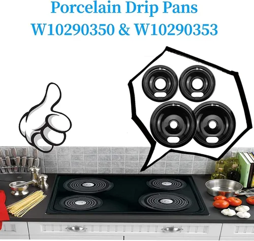 Miniatura 7 de APPLIANCEMATES W10290350 W10290353 - Juego de sartenes de goteo de porcelana para quemador Whirlpool, cuencos de goteo para estufas eléctricas, 4