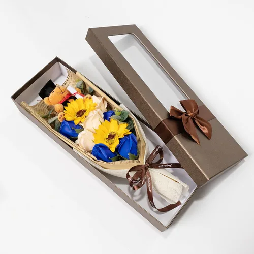 Miniatura 6 de Ansuma Ramo de flores de jabón perfumado de girasol rosa de graduación de 13 pulgadas, mini oso de peluche con tapa de graduación, arreglos Azul