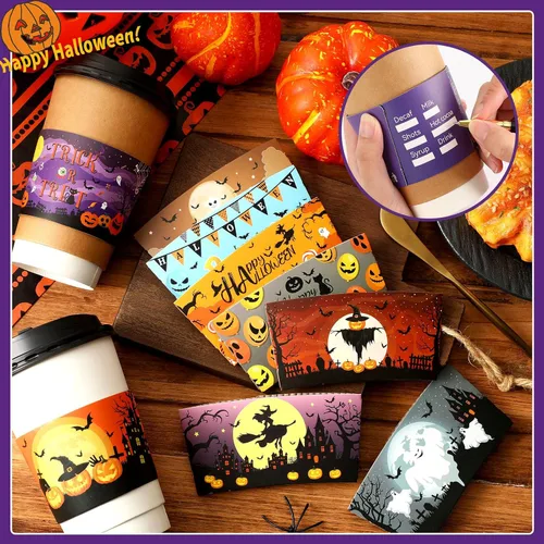 Miniatura 4 de NOVWANG 54 fundas para tazas de café de Halloween, divertidas fundas desechables de papel para tazas de 12 y 16 onzas, bebidas calientes