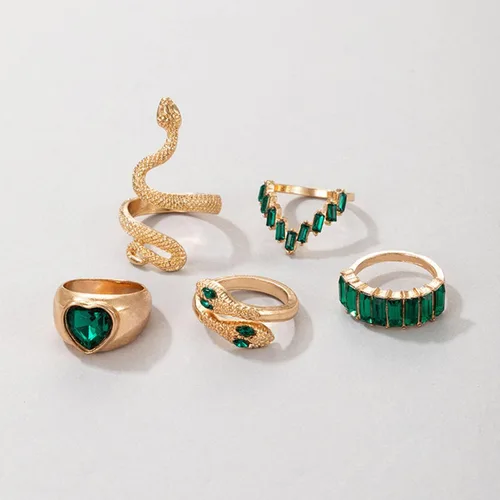 Miniatura 2 de Anillos de serpiente de cristal verde para mujeres y adolescentes, conjuntos de anillos de dedo apilables estilo bohemio, retro, anillos simples a