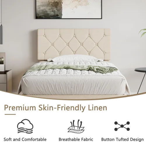 Miniatura 5 de VECELO Base de cama tamaño individual con cabecera capitoné con botones, base de cama tapizada con soporte de listones de madera, no necesita Beige