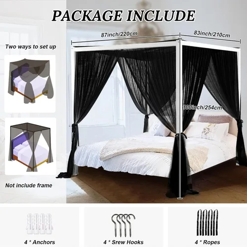 Miniatura 7 de South to East Cortinas de cama negras con dosel, toldo de 4 postes esquineros para niñas y adultos, cortinas de cama de lujo para decoración