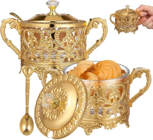 Kichvoe Azucarero, 2 juegos de azucareros turcos con tapa y cuchara, condimentos, caja de condimentos, caja de sal dorada en relieve, tarro de