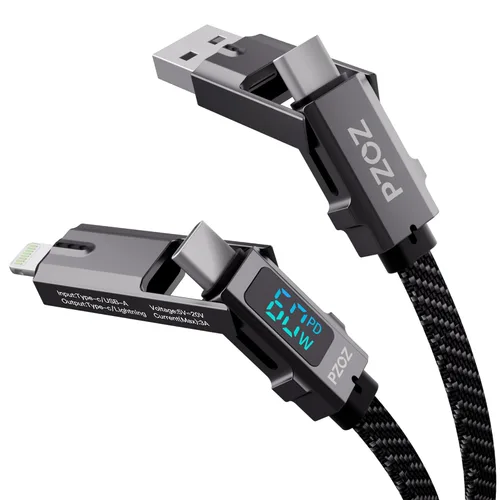 pzoz Cable de carga rápida USB C 4 en 1 con pantalla LED, cargador multiUSBC combinado Lightning/Tipo C/USB A puertos metálicos para iPhone
