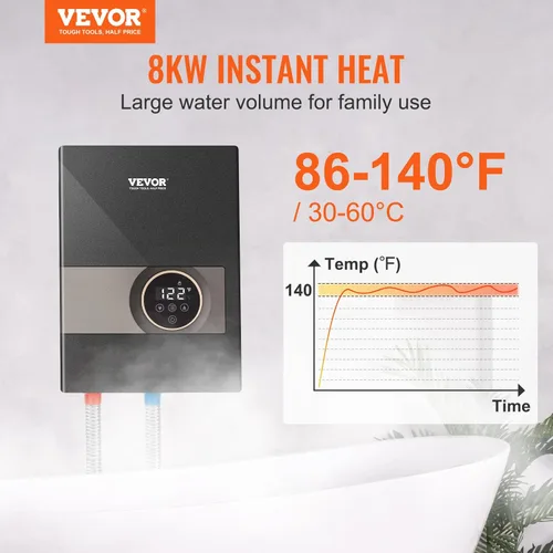 Miniatura 2 de VEVOR Calentador de Agua Eléctrico Sin Depósito, Calentador de Agua Caliente Instantáneo de 8KW, Pantalla Digital de Temperatura y Fácil Instalación