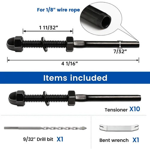Miniatura 2 de Muzata Paquete de 10 accesorios de barandilla de cable negro de 1/8 pulgadas, tensor roscado a mano para poste de metal de 2 x 2 pulgadas, sistema
