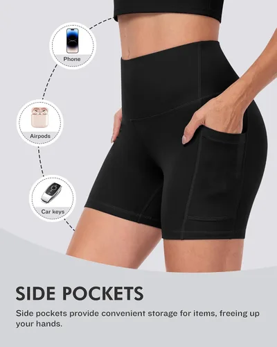 Miniatura 3 de CHRLEISURE - 6 paquetes de pantalones cortos de mujer estilo biker con bolsillo, pantalones cortos de elastano de control de abdomen de 5 pulgadas