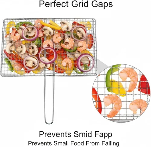 Miniatura 2 de Yardwe Cesta de parrilla para barbacoa al aire libre, estante de acero inoxidable para verduras, camarones y carne, soporte portátil de malla