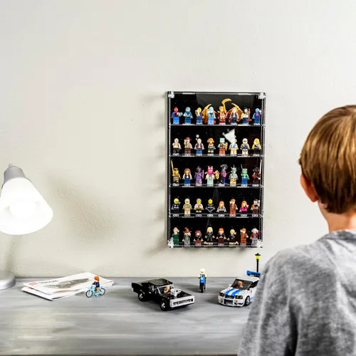 Miniatura 6 de Vitrina de minifiguras de acrílico, estantes de almacenamiento de figuras pequeñas de montaje en pared con fondo negro, capacidad para 40