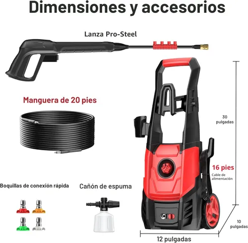 Miniatura 9 de Lavadora a presión eléctrica, lavadora eléctrica de 2.5 GPM con cañón de espuma, lavadora eléctrica de alta presión con 4 boquillas de conexión