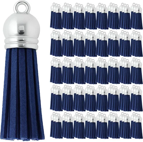 Miniatura 67 de Mandala Crafts 100 borlas de gamuza sintética color aguamarina con tapa dorada, suministros para hacer llaveros a granel, pequeñas borlas de cuero