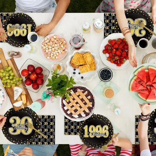 Miniatura 6 de 200 vajillas para fiesta de cumpleaños con temática de 30 años, suministros de fiesta de cumpleaños de 30 años, platos, servilletas, tenedores