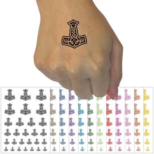 Mjolnir Símbolo nórdico vikingo martillo de Thor, tatuaje temporal, resistente al agua, colección de arte corporal falso, color negro (una hoja)