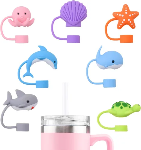 Paquete de vasos compatibles con vaso Stanley de 30 y 40 onzas, cubierta de popote de animales lindos de 0.394 in, protectores de silicona de 7