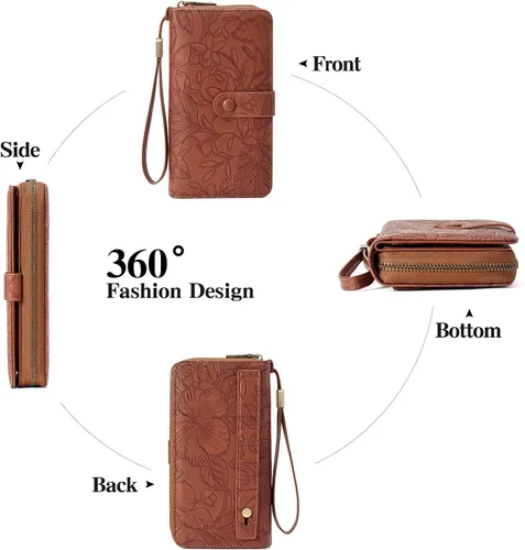 Miniatura 6 de SENDEFN Cartera de piel con cierre RFID para mujer, con cierre de cremallera, de gran capacidad, con correa para la muñeca, Marrón, Classic
