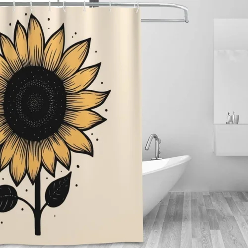 Miniatura 2 de YLATY2371 - Cortina de ducha con diseño de girasoles para baño, pétalos florales amarillos, hojas negras, juego de cortina de ducha bohemia, tela