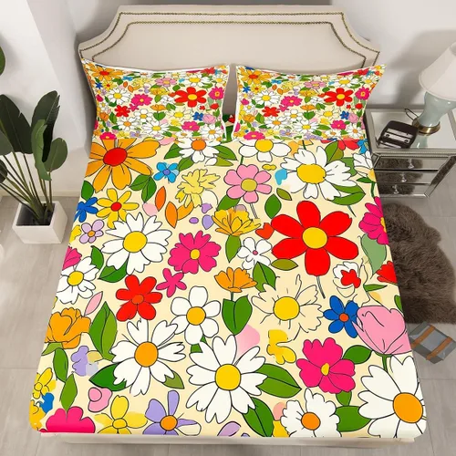 Miniatura 23 de Juego de ropa de cama de flores Groovy de los años 70, sábana bajera ajustable de flores de arco iris para niños y niñas, sábanas de ropa de cama