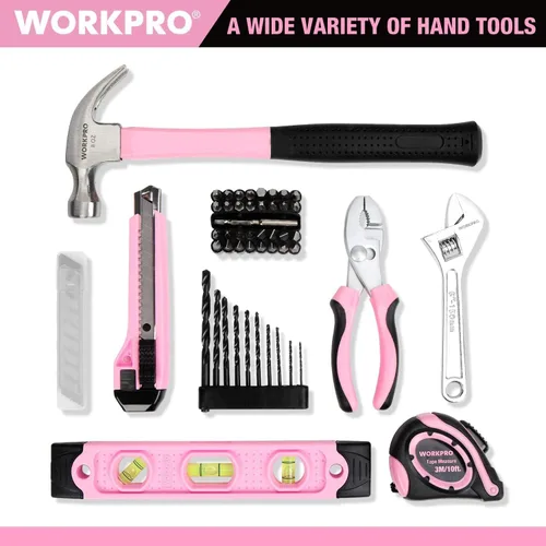 Miniatura 7 de WORKPRO Taladro inalámbrico rosa de 12 V y kit de herramientas para el hogar, juego de herramientas manuales para bricolaje, mantenimiento
