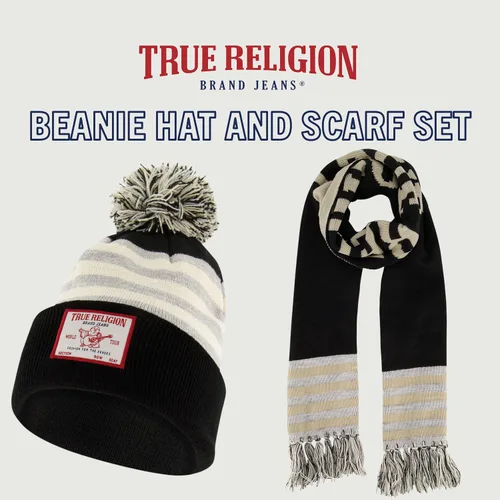 Miniatura 2 de True Religion - Conjunto de gorro y bufanda, gorro de punto con relleno de invierno con pompones y bufanda estilo estadio