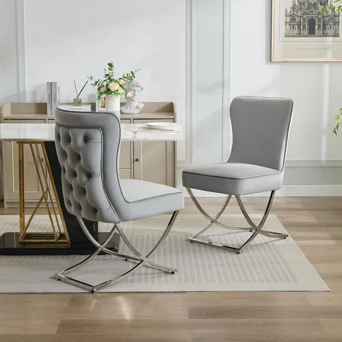 Miniatura 5 de WUTUTUEE Sillas de comedor de terciopelo de lujo, sillas de comedor tapizadas sin brazos con patas en X de metal plateado, juego de 2 sillas de Gris