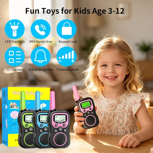 Miniatura 9 de Walkie Talkies recargables para niños, paquete de 3, Walkie Talkies de largo alcance para niños de 22 canales VOX linterna para acampar al aire