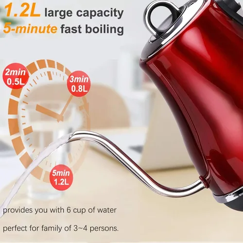 Miniatura 5 de Hervidor eléctrico de 1.2L, colorido cuello de cisne de acero inoxidable 304 1500W hogar calentamiento rápido eléctrico olla de té hirviendo, rojo