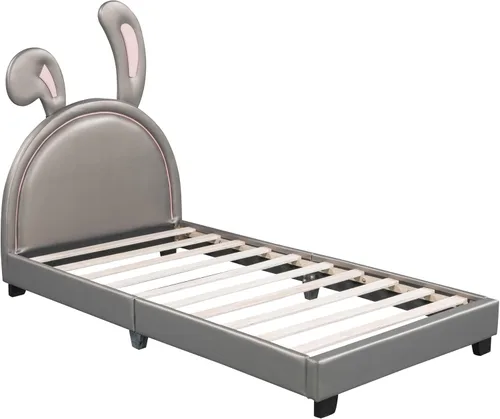 Miniatura 5 de Bonita cama tapizada de cuero con adorno de conejo, cama de plataforma de tamaño individual con cabecero y listones de madera, adecuada para niños