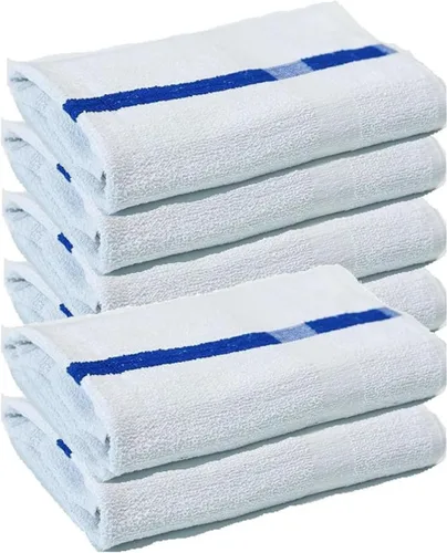Towels N More Toallas suaves de 24 x 48 pulgadas junto a la piscina, 6 toallas grandes súper absorbentes, blancas y azules, rayas centrales para el