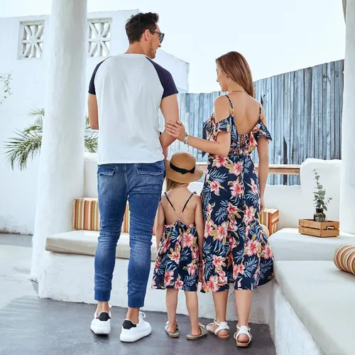 Miniatura 6 de Mumetaz Trajes familiares a juego para mamá y yo, vestidos con estampado floral, hombros descubiertos, cuello en V, volantes, ropa sin espalda