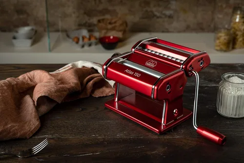 Miniatura 3 de Máquina de pastas Marcato Atlas de acero inoxidable, plateado, incluye cortador de pasta, manivela e instrucciones, rojo, Rojo