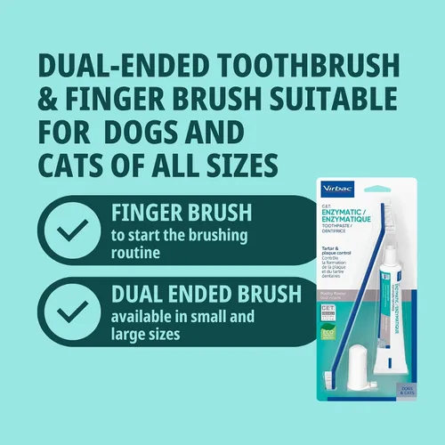 Miniatura 6 de Virbac C.E.T. Kit de higiene bucal para gatos y perros Juego de 3 piezas con cepillo de dientes de doble extremo, cepillo de dedos y sabor a aves