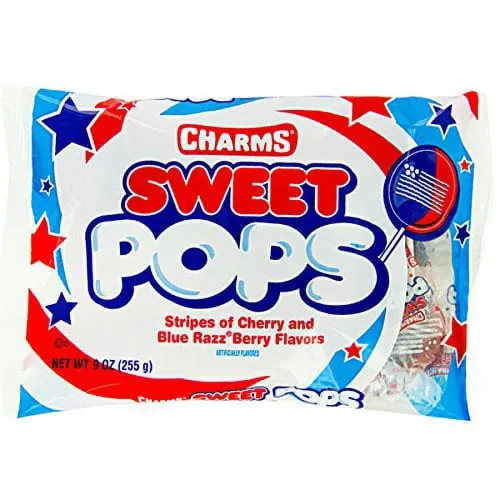 Dijes patrióticos de la bandera de Estados Unidos Sweet Pops, bolsa de 9 onzas, rojo, blanco y azul, 15 unidades (paquete de 1)