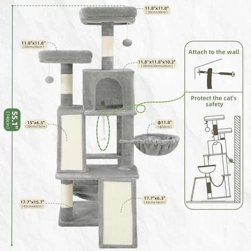 Miniatura 7 de Gitelsnour Árbol para gatos de varios niveles para gatos de interior, torre para gatos con 2 tablas de rascar, 2 plataformas acolchadas de felpa