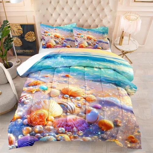 Miniatura 9 de Suncloris Juego de edredón coral océano para niños y adultos, edredón tamaño Queen con temática de hipocampo tropical rojo con 2 fundas de almohada
